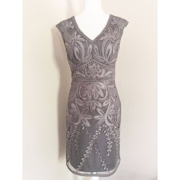 Sue Wong Embroidered Mesh Sleeveless Cocktail Dress Size 8 Gray Floral Design - Picture 10 of 14